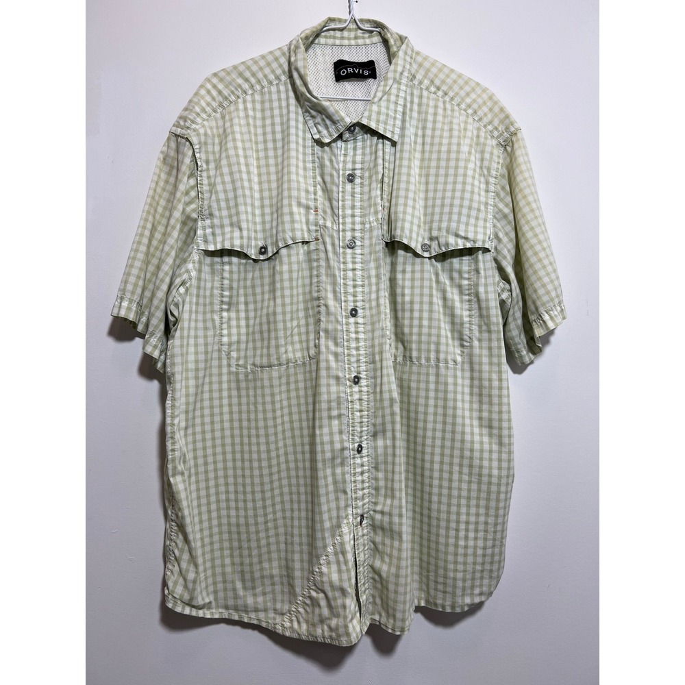 Orvis Mens Short Sleeve Fishing Shirt Green Gingham Plaid Ventilated Mesh Back